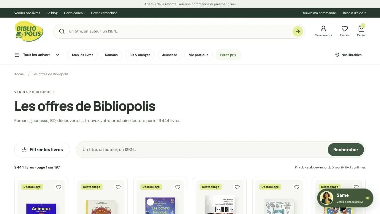La page du vendeur Bibliopolis et ses filtres, dans la version en préparation.