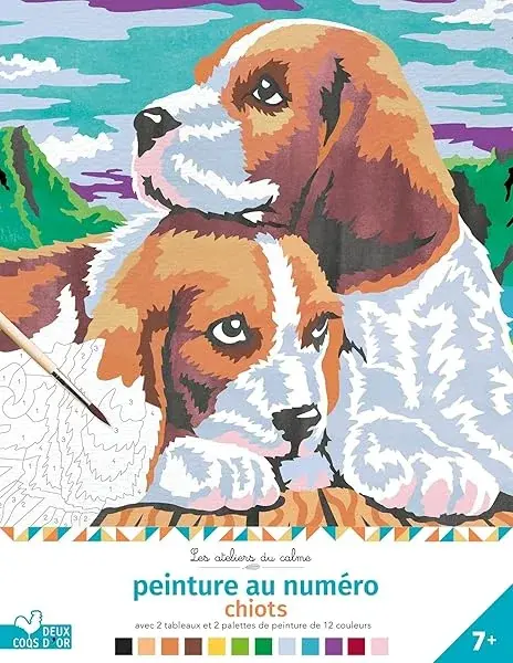 Couverture : Peinture au numéro: chiots: cahier avec palette et pinceau