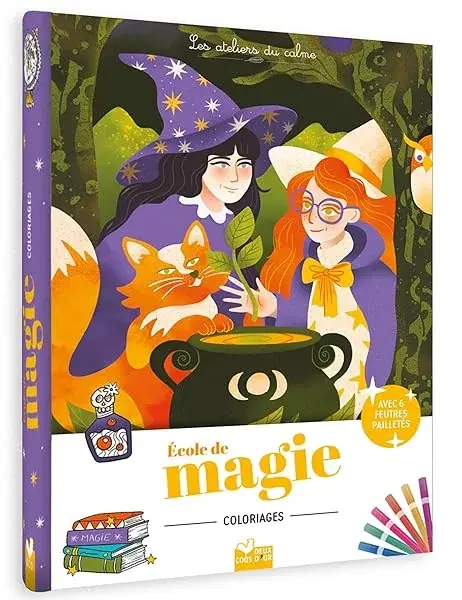 Couverture : Coloriages École de magie: pochette 6 feutres pailletés