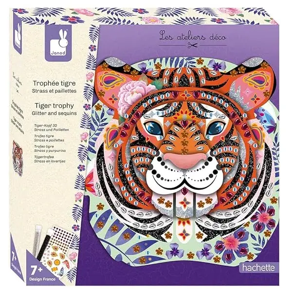 Couverture : Janod: From 7 years old: Tiger Trophy Strass and Sequins Creative Kit: Decoration Workshops: Creative Leisure: Dexterity and Concentration: J07915, multicolor, Taille unique