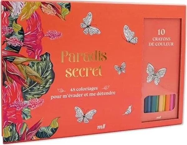 Couverture : Coffret Paradis secret: 48 coloriages pour m'évader et me détendre: Un carnet avec des feuilles détachables et 10 crayons de couleur