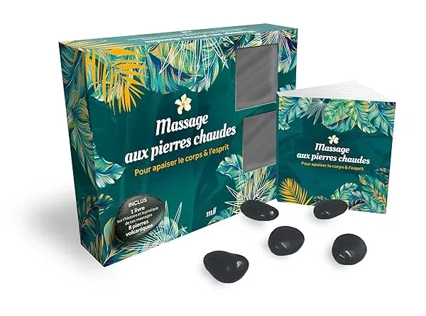 Couverture : Coffret: Massage aux pierres chaudes, pour apaiser le corps et l'esprit: avec 8 pierres volcaniques et un livre explicatif écrit par une infirmière