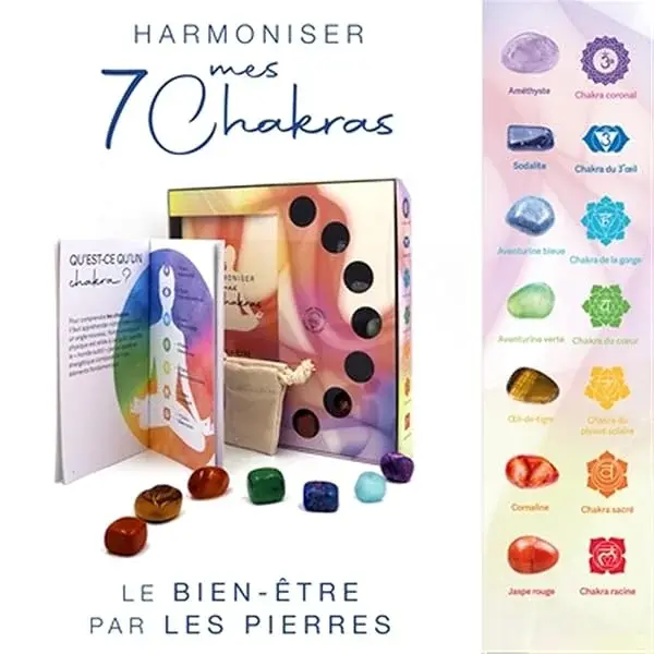 Couverture : Coffret: Harmoniser mes 7 chakras: Le bien-être par les pierres: Un livre pour s'initier aux chakras et à la lithothérapie, avec 7 pierres naturelles certifiées et un pochon