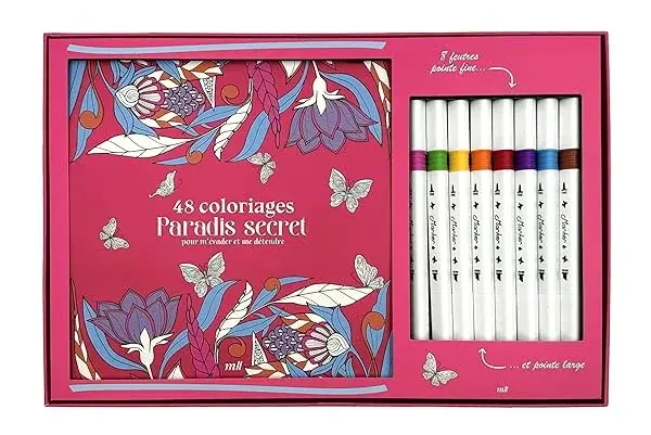 Couverture : Coffret Coloriage: 48 coloriages: Paradis secret pour m'évader et me détendre: Un carnet à colorier avec des feuilles détachables et 8 feutres