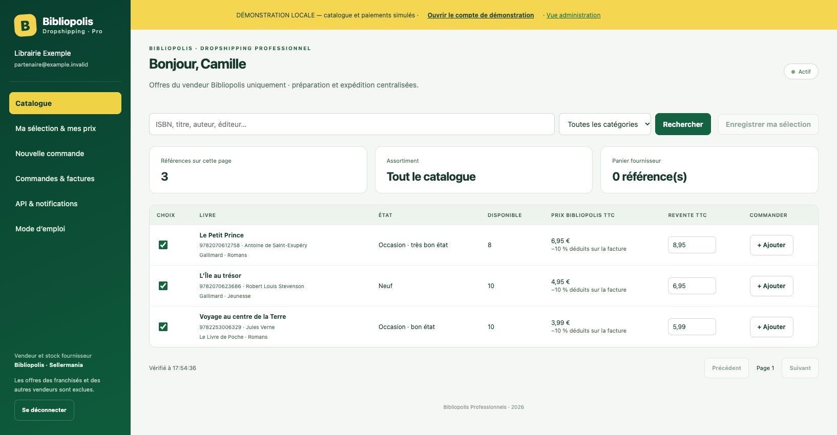 Aperçu de démonstration du catalogue. Références, disponibilités et prix illustratifs.