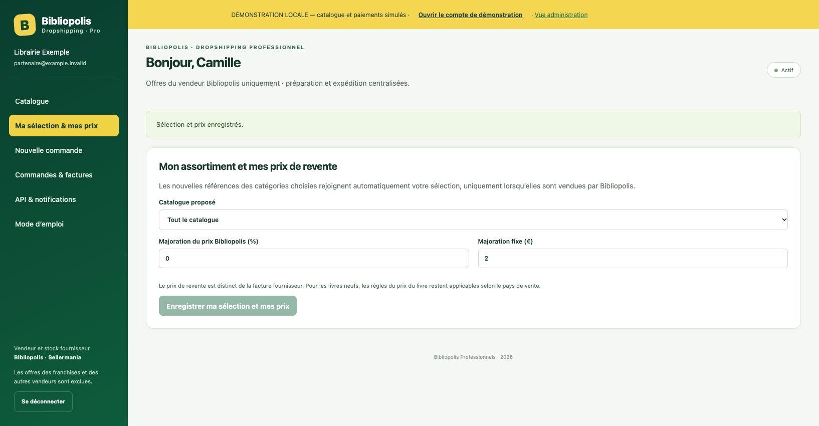 Exemple de réglages de sélection et de prix dans la démonstration du module.